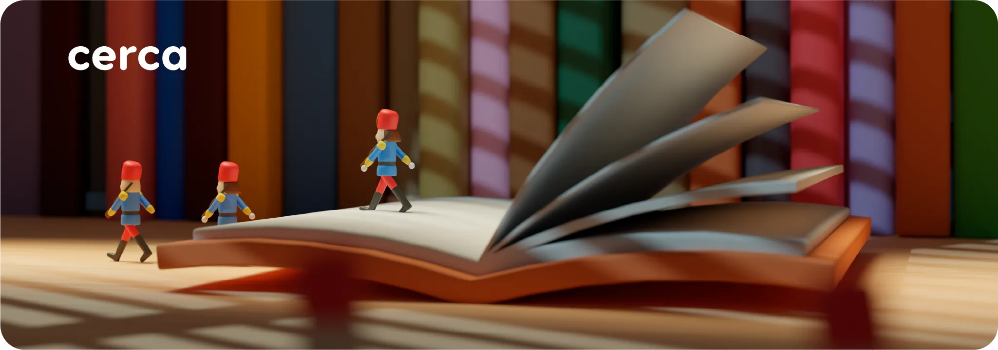 Figurines marchant sur un livre ouvert devant une bibliothèque