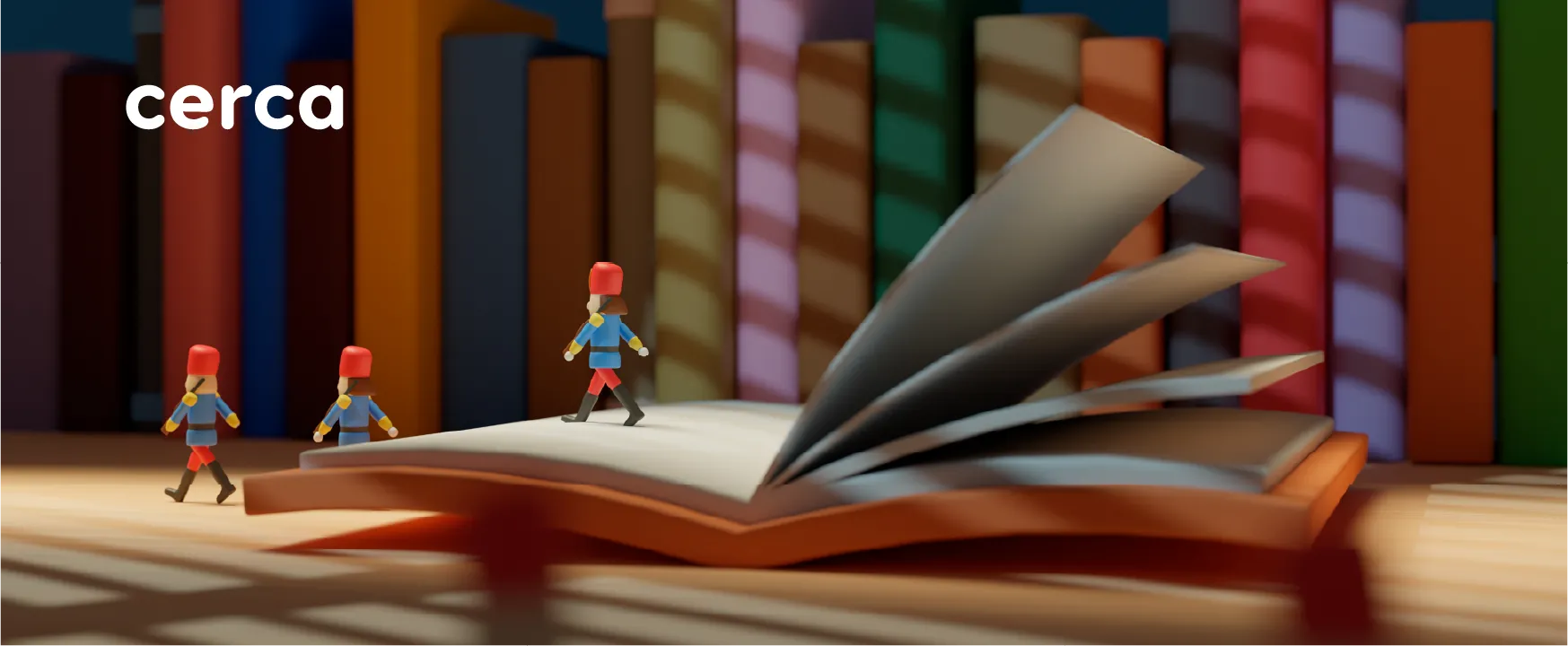 Figurines marchant sur un livre ouvert devant une bibliothèque